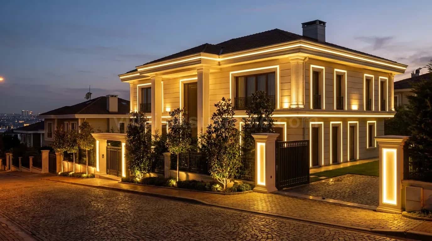İki katlı villanın cephe hatlarında sıcak beyaz kontur LED