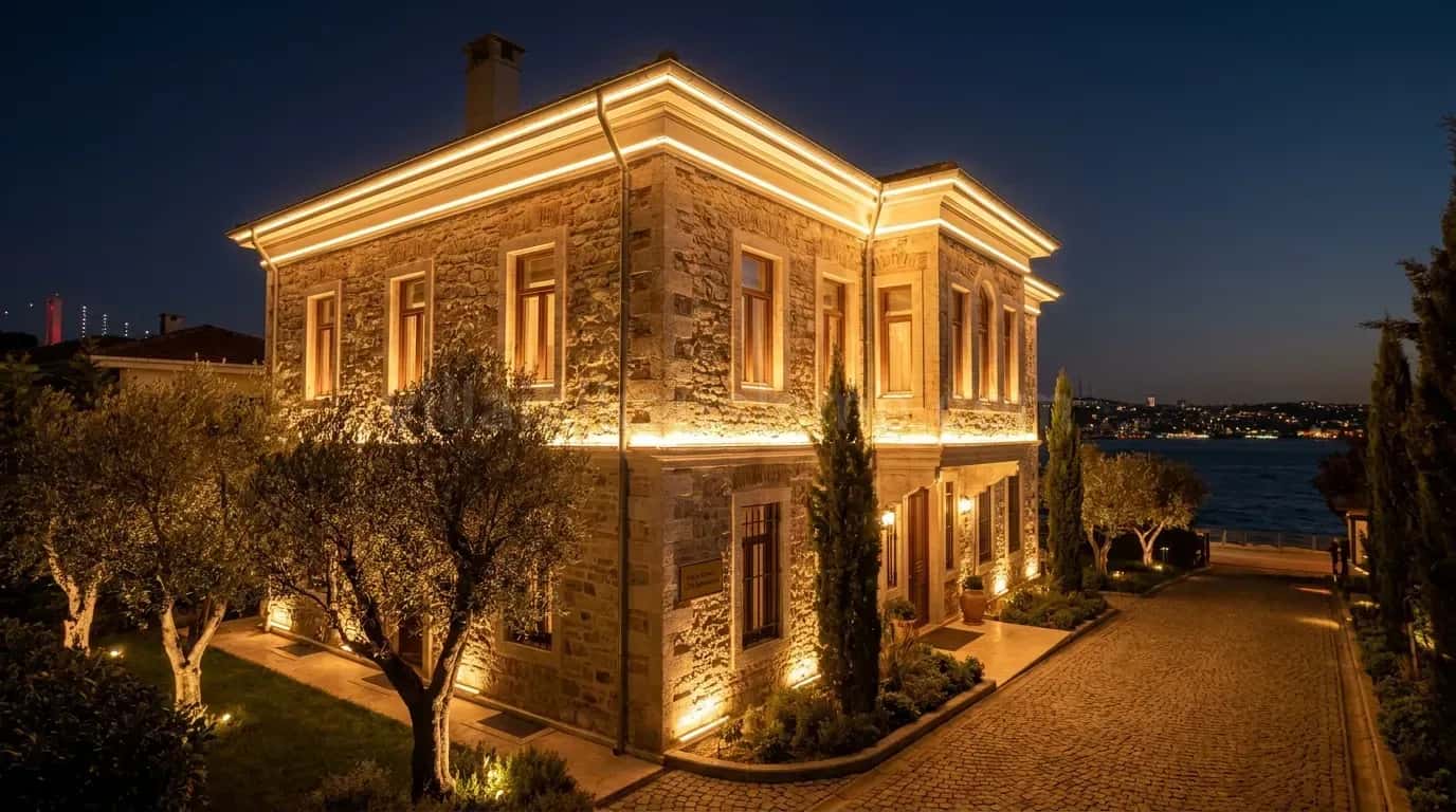 Deniz manzaralı taş villanın cephe hatları sıcak beyaz ışıkla